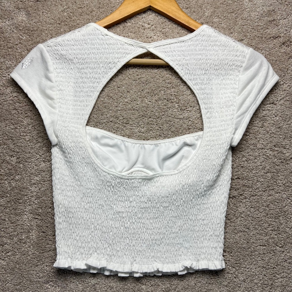 Free People‎ Movement White Smocked Open Back Crop Top Cap Sleeve S Coquette - Picture 4 of 14
